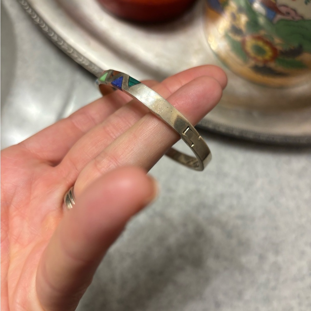 Vintage Taxco Mexico Sterling Multi Stone Inlay Hinged Bangle Bracelet 925 - Picture 7 of 8
